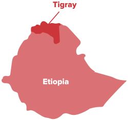 Map of Ethiopia in red, with the region of Tigray in the north highlighted in a darker shade of red.